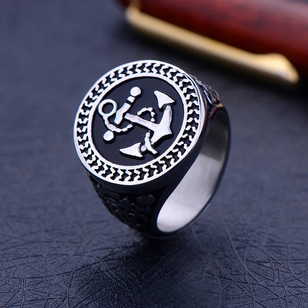 316L Stainless Steel Golden Anchor Biker Ring Hip Hop Rock Titanium Steel Jewelry For Men Size 8-12#