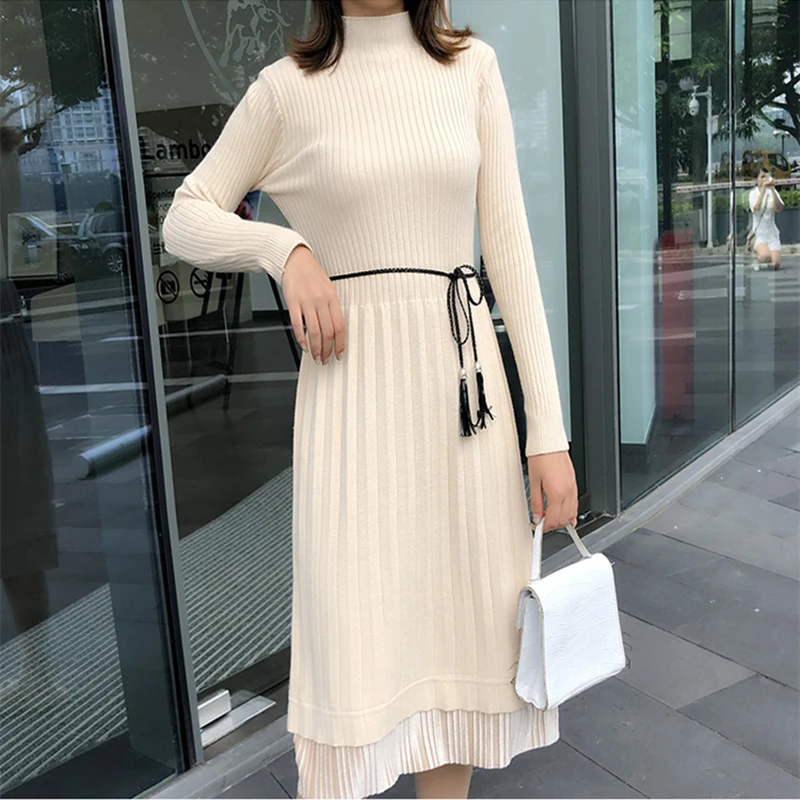 

Fashion Sweater Dress Women Sweaters Dresses Women Stretch Knitted Winter Dress Korean Lace Turtleneck Sweaters Pleated Dresses