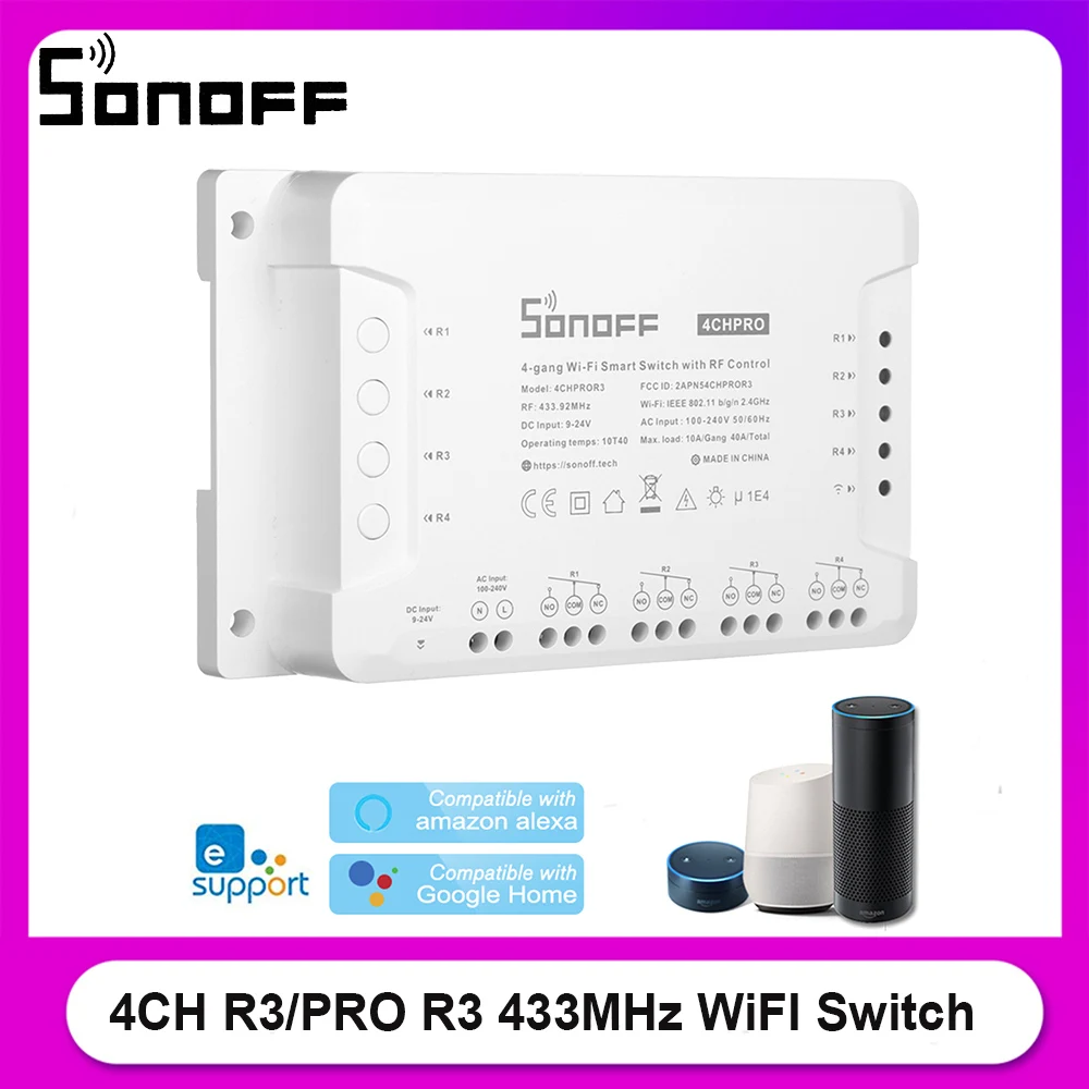 Интеллектуальный выключатель света SONOFF 4CH R3/PRO R3 433 МГц беспроводной