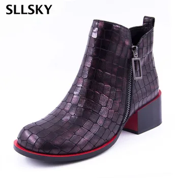 

Spring New Women's Shoes Fashion Ankle Boots Women Genuine Leather Mid Heel Stone Grain Zipper Square Heel Women Boots