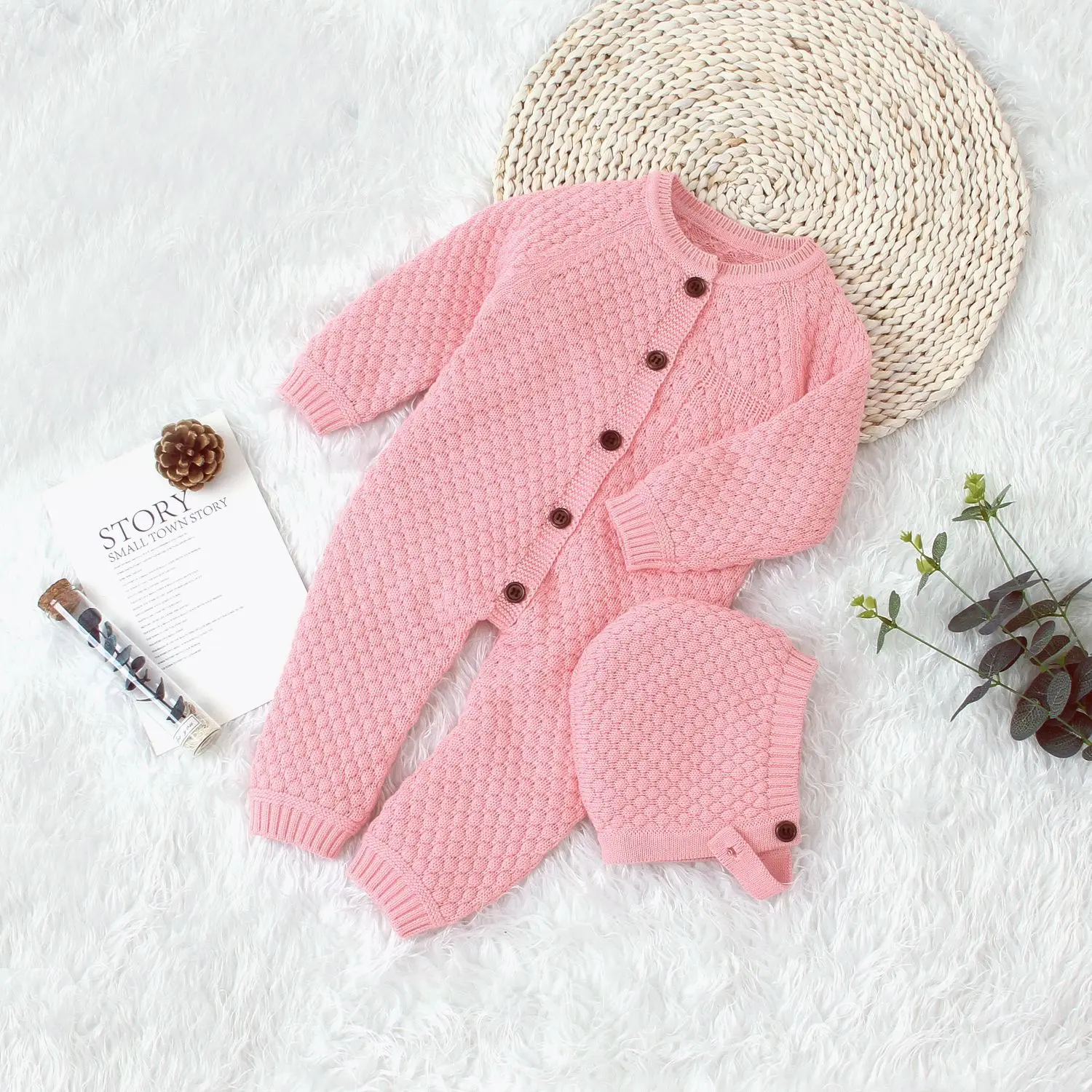 Baby Rompers New Baby Onesies for Fall Knitting Conjoined Warm Cap Newborn Cotton Thread - Цвет: pink
