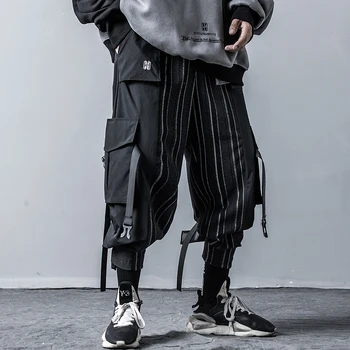 

Men High Street Vintage Stripe Splice Casual Cargo Pant Male Multi-pocket Adjustable Hem Harem Trousers Gothic Hip Hop Pant