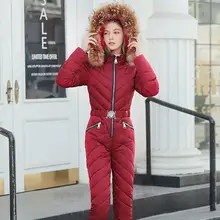 Элегантный женский лыжный костюм, повседневный теплый сиамский хлопковый стеганый жакет с капюшоном, пальто, однотонный цельный комбинезон, зимний спортивный костюм