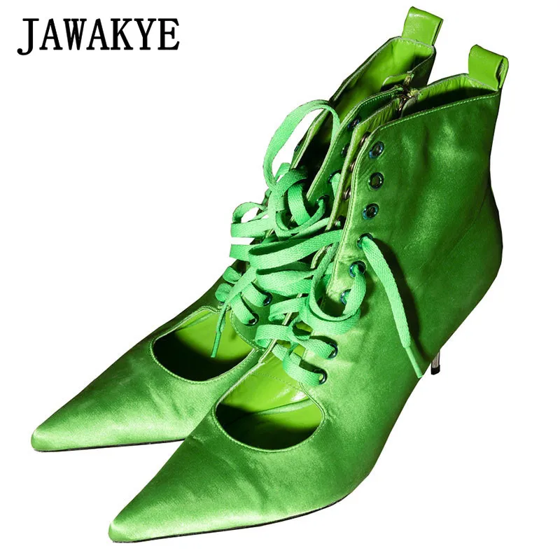 JAWAKYE/пикантные женские ботильоны на шнуровке с заклепками и заклепками; вечерние женские туфли с острым носком и вырезами на высоком каблуке; Цвет зеленый, черный
