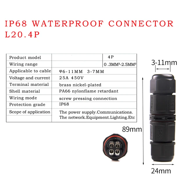 IP68 Waterproof Connector 2 Pin 3 Pin 4 Pin 5 Pin Electrical Terminal Adapter Wire Connector Screw Pin connector LED Light pin L20 4p