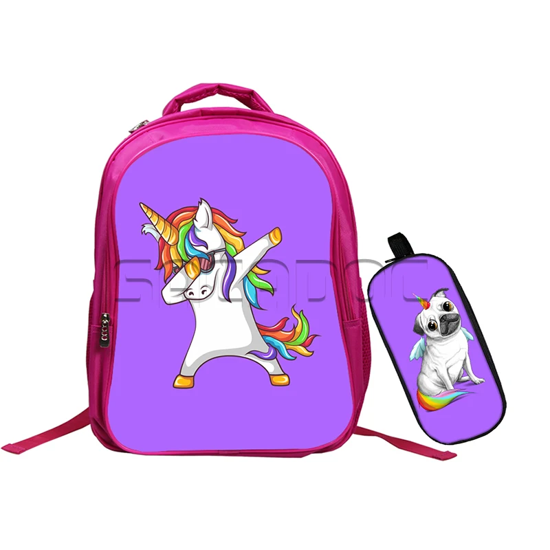 

16 Inch School Backbags Unicorn Print Knapsack Teen Boys Girls Mochila Backpack Kids Travel Rucksack with Pencil Case 2pcs Sets