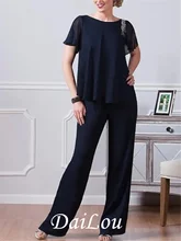 

Two Piece Pantsuit / Jumpsuit Mother of the Bride Dress Elegant Jewel Neck Floor Length Chiffon Short Sleeve With Crystals 2022