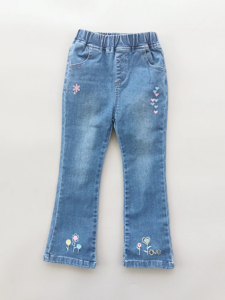 algodão elástico macio denim calças crianças bordado flores toldder roupas meninas