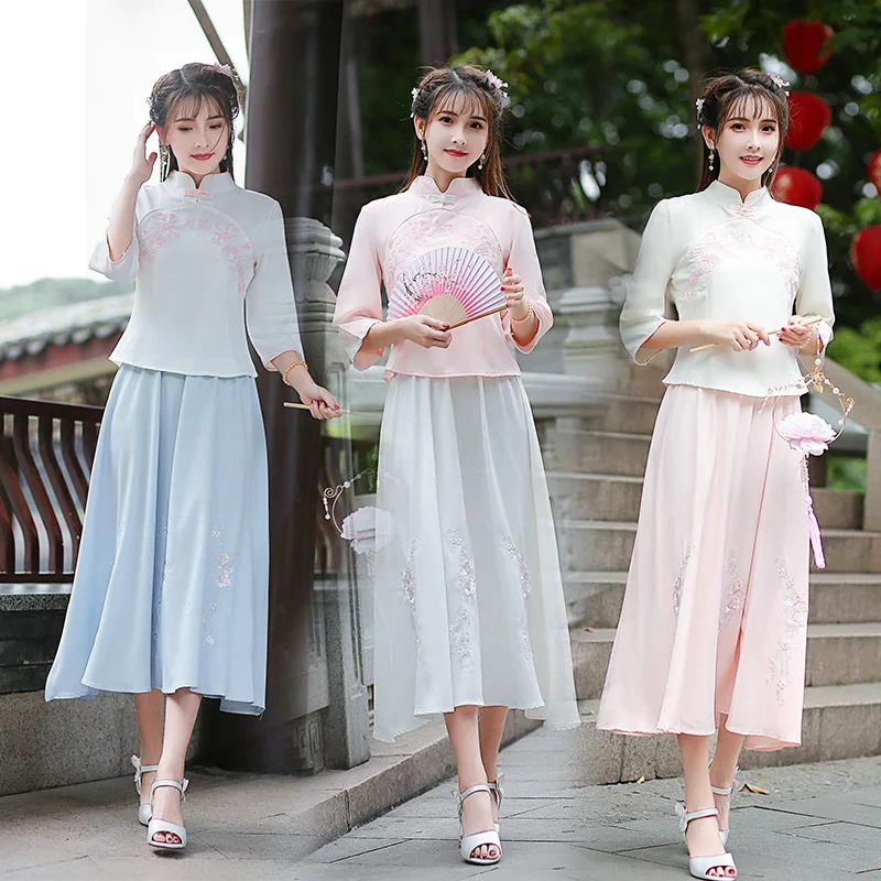 

2019 Summer New Style Ethnic Embroidery Tea Service Set Shirt Stand Collar Tops Elastic Waist Long Skirts Women's