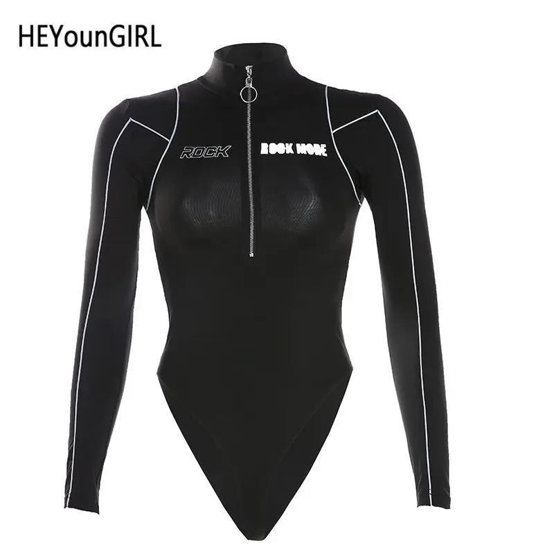 Heyoungirl боди с высоким воротом и длинными рукавами, светоотражающие полосы, облегающие женские комбинезоны, черные повседневные женские осенние комбинезоны Harajuku - Цвет: Black