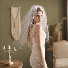 V811 Elbow Length White Wedding Veil Big Eyes Mesh Two-Layer Bridal Veil with Hair Comb for Bride