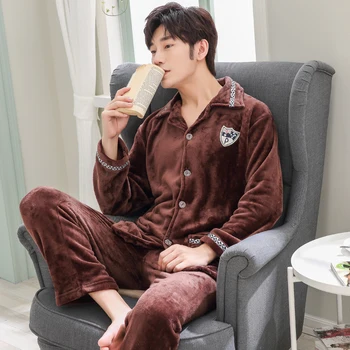 

Winter Men Pajama Sets Coral Fleece Thick Solid Men Sleepwear Suits Flannel Long Sleeve Autumn Pajama Man Warm Homewear XXL XXXL