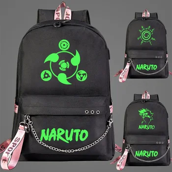 

New Luminous Green Light Naruto Prints Boys Girls Kids School bag Women USB Chain Backpack Canvas Men Bagpack Bookbag