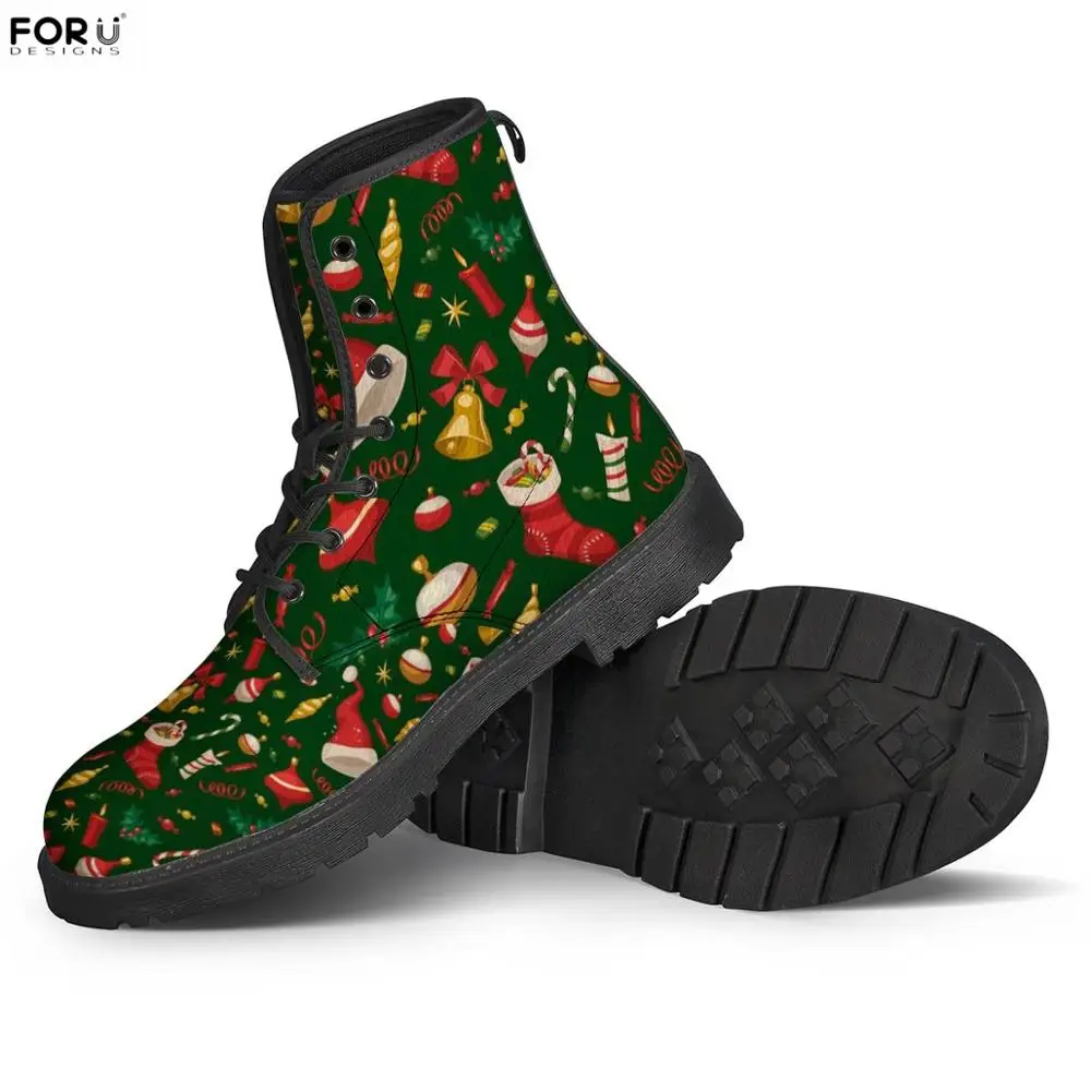 

FORUDESIGNS Merry Christmas Tree Pattern Punk Motorcycle Boots Female Winter Round Toe Boots Fashion Ladies Mujer Ankle Boots