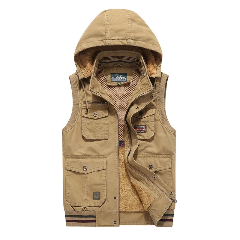 

2018 Autumn Men Casual Vest Winter Middle-aged plus Velvet Hooded Vest Multi-pockets Waistcoat Coat 8607