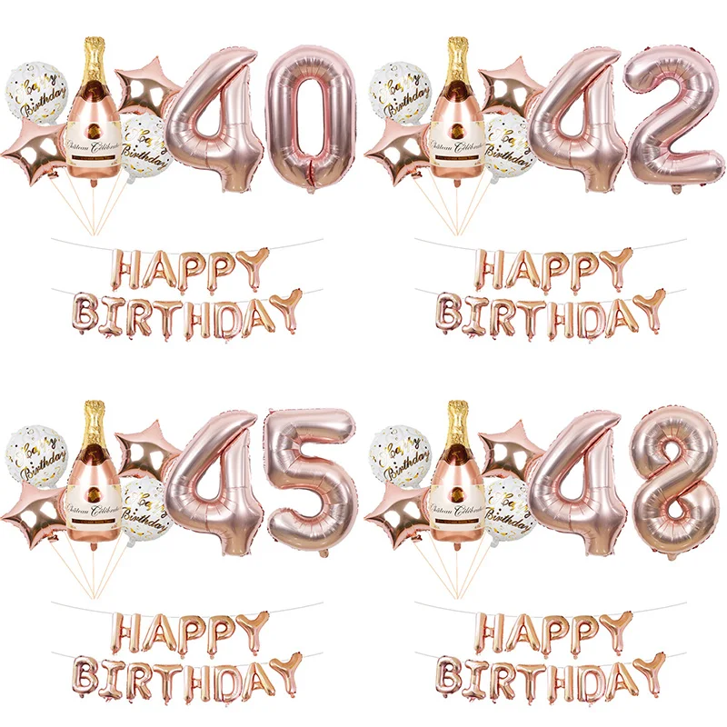 

20pcs Rose Gold 40 41 42 43 44 45 46 47 48 49 Years Birthday Balloons Banner Girl Champagne Bottle Balls Party Decorations