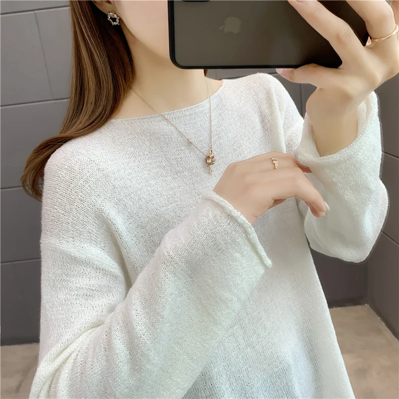 

Room 195636, row 2, No.6 middle] real shot solid color thin round neck Pullover Sweater 29