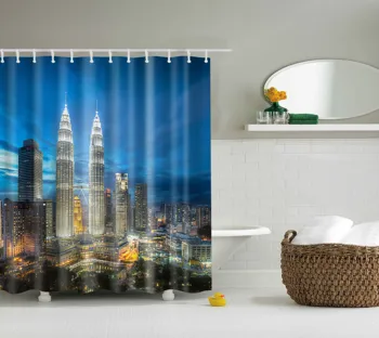 

Waterproof Thicken Polyester 3D Shower Curtain Prosperous City at Night Mildew Proof Bath Tub Curtain with 12 pcs Hooks