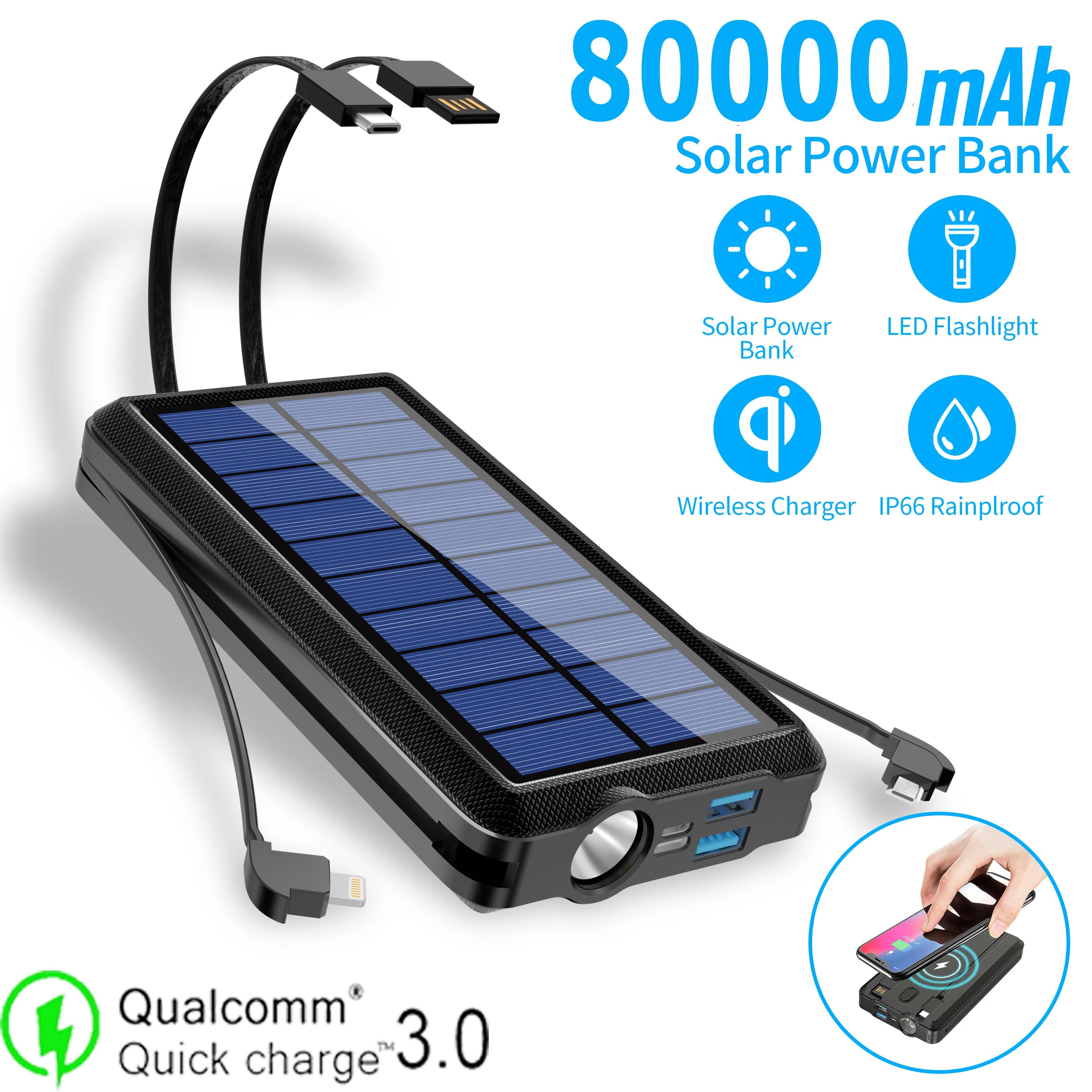 Qi Wireless 80000mah Charging Solar Batteery Panel Portable Powerbank LED Emergency Fast External Battery For smartphone iphone8 power bank mini