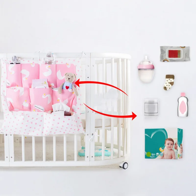 Hot Muslin Bed Hanging Storage Bag Baby Bed Fashion Baby Cotton Crib Organizer Toy Diaper Pocket 60* 50cm