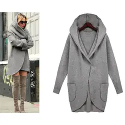 2018 зимнее женское пальто, Тренч с карманами, длинный рукав, с капюшоном, Женское пальто из смесового хлопка, кардиганы, худи, пальто, плюс