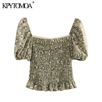 

KPYTOMOA Women 2020 Sweet Fashion Floral Print Cropped Blouses Vintage Puff Sleeve Smocked Elastic Female Shirts Blusa Chic Tops