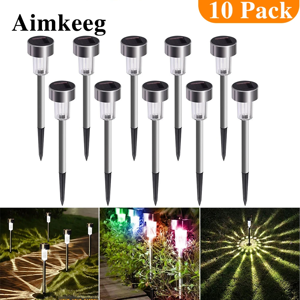 Inoxidável à Prova Luzes do Gramado ao ar Pçs de Aço Aimkeeg Dwaterproof Água Solar Livre Lâmpada Jardim Decorativo Luz Quintal Lâmpadas 10 Led