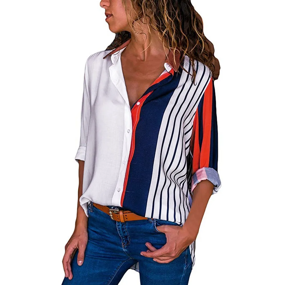 

Women Summer Polyester Special design Casual Long Sleeve Color Block Stripe Button Tops Blouse Drop Shipping 2018 NEW Fashion