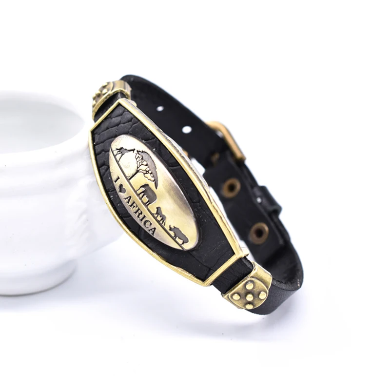9 Styles Trendy Punk Wings Elephant Cross Knife Africa Map Scenery alo Black Panther Flamingo Leather Wrap Bracelet Men