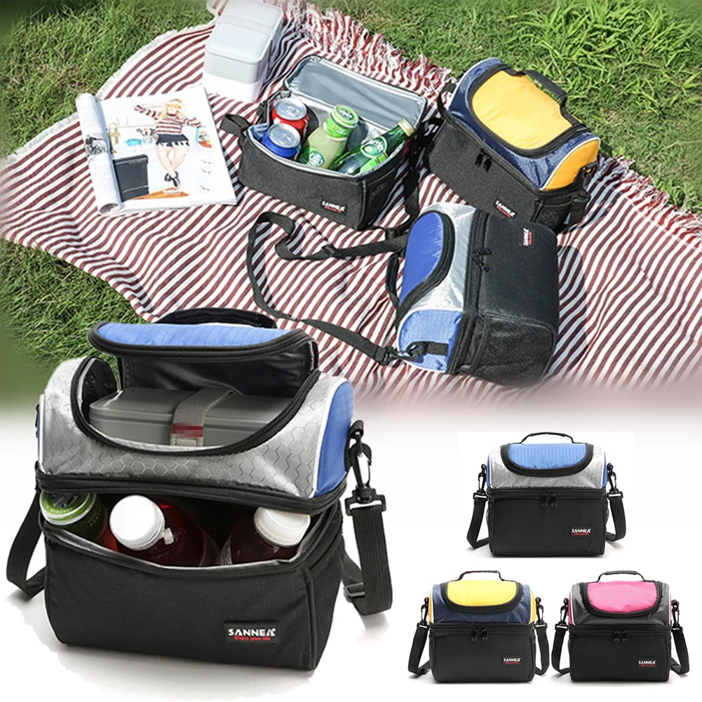 Work Travel Outdoor Portable Thermal Insulation Hand Held Picnic Adjustable Oxford Cloth Two Layers Lunch Box Bag Zipper Closure