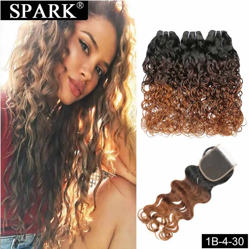 Spark Ombre Brazilian Human Hair Water Wave Human Hair Bundles With Closure 100% Remy Human Hair Closure With Bundles For Black