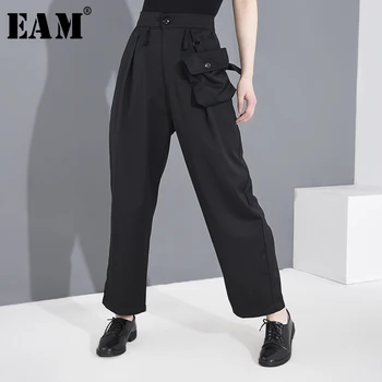 

[EAM] High Elastic Waist Black Brief Long Wide Leg Trousers New Loose Fit Pants Women Fashion Tide Spring Summer 2020 1B20901