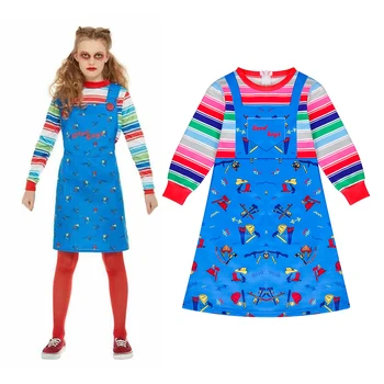 

Halloween Cosplay Costume For Kids Girls Christmas Dress Children's Play Chucky Good Guys Printed Cosplay Dress 62967