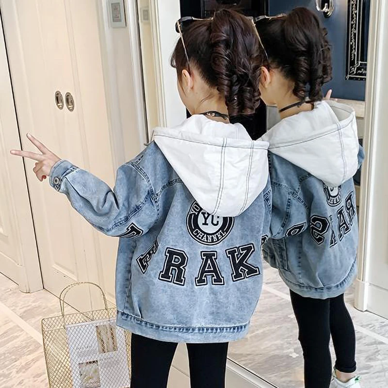 

Girls Denim Hooded Jacket Windbreaker Kids Korean Outerwear Spring Teens Cloth Coat Windproof Girl Jacket 4 6 8 11 12 Years