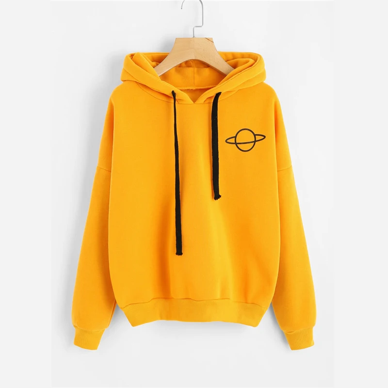 MJARTORIA Women Sweatshirt Hoodies Casual Planet Print Solid Loose Drawstring Sweatshirt Fashion Long Sleeve Hooded Female Tops
