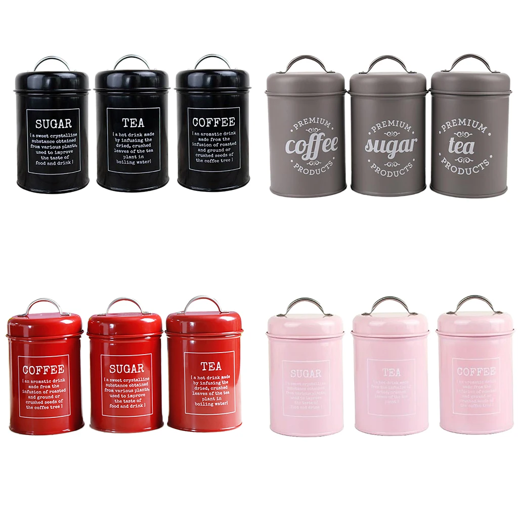 3pcs Tea Coffee Sugar Canister Metal Food Storage Tin for Kitchen Counter Tea Coffee Sugar Spices Sundries Storage Box