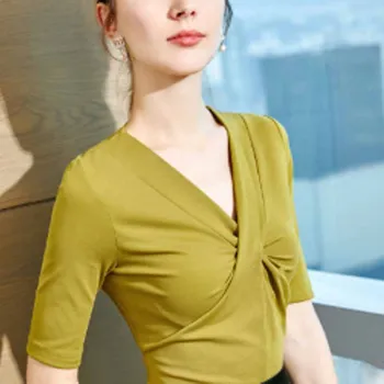 

Summer v-neck slim fit temperament pure color fold stitching in the sleeves elegant skin-friendly simple atmospheric T-shirt