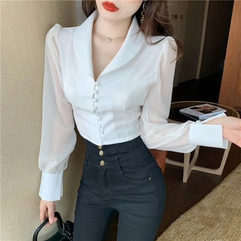 Shirts Women Solid Turn-down Collar Ins Abdomen Cropped Leisure Korean Style Fashionable Ladies Blouses Long Sleeve Stylish Chic