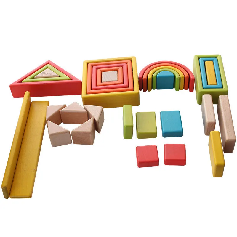 

Rainbow Building Blocks Large Pieces Solid Wood Children'S Educational Early Childhood Heap Tower Toy 1-2-3 a Year of Age Baby G