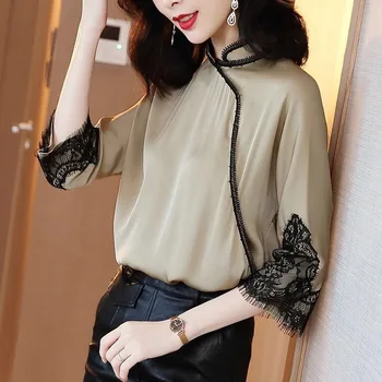 

Summer Vintage Womens Mandarin Collar 3/4 Sleeve Lace Patchwork Imitation Silk Top Blouse , Women Cheongsam 3xl Blouses