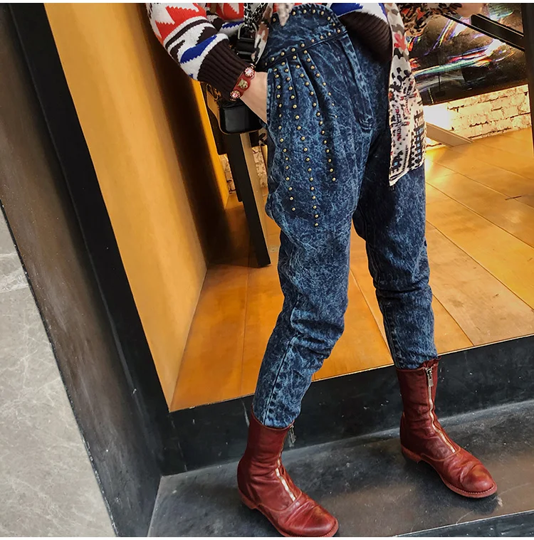 blue Джинсовые брюки для женщин, высокая талия, пэтчворк, тяжелые, с заклепками, длинные джинсы для женщин,, весна-осень, модный стиль - Цвет: blue