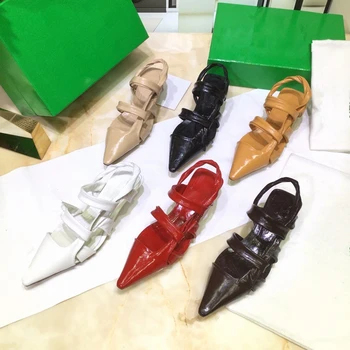 

Retro Patent Leather Women Pumps Sexy Cuts Out Pointed Toe Women Summer Sandals Ankle Strap Shoes for Wedding Women Luxury Brand