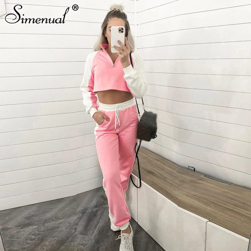 

Simenual Casual Sporty Active Wear Matching Set Women Patchwork Fashion Workout Tracksuit Long Sleeve Top And Pants 2 Piece Sets