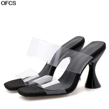 

High Heels Slippers Women Transparent Sandals Ladies Fashion Square Toe Cup Heel Women Slides Sexy Party Dress Pumps Women Shoes