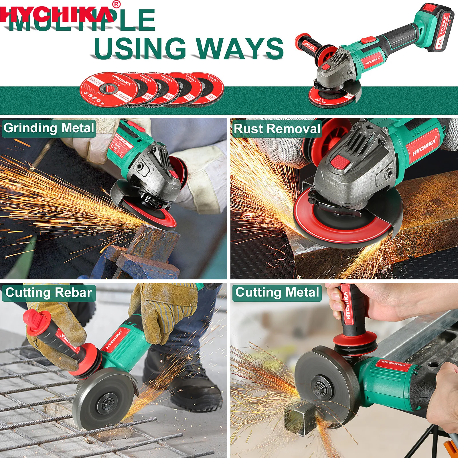 HYCHIKA 20V Cordless Angle Grinder Circular Saw 4.0Ah Battery Manual
