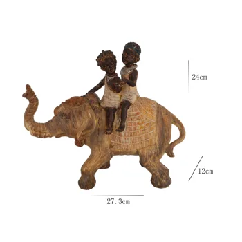

African Children Ride Elephants Resin Handicraft Imitated Wood Carving for Home Decoration Accessories and Hotel Living Room