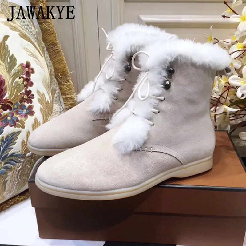 beige Популярные женские зимние ботинки на меху с высоким берцем; повседневная обувь на плоской подошве с открытым носком; удобные теплые ботильоны на шнуровке; Botas Mujer - Цвет: beige