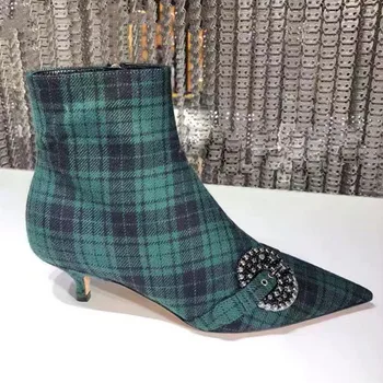

New Women's Boots Denim Plaid Pointed Toe Runway Shoes Women Mixed Color Mid Heels Booties Female Metal Decor Ankle Boots Women