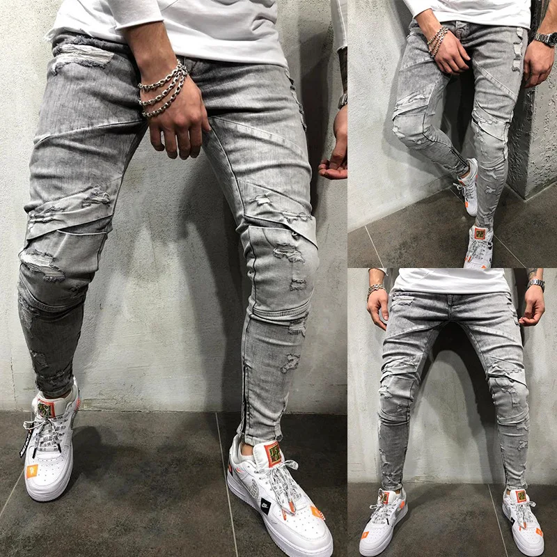 

Mens Autumn 19FW Designer Grey Jeans Biker Street Hiphop Draped Ripped Pencil Pants Pantalones