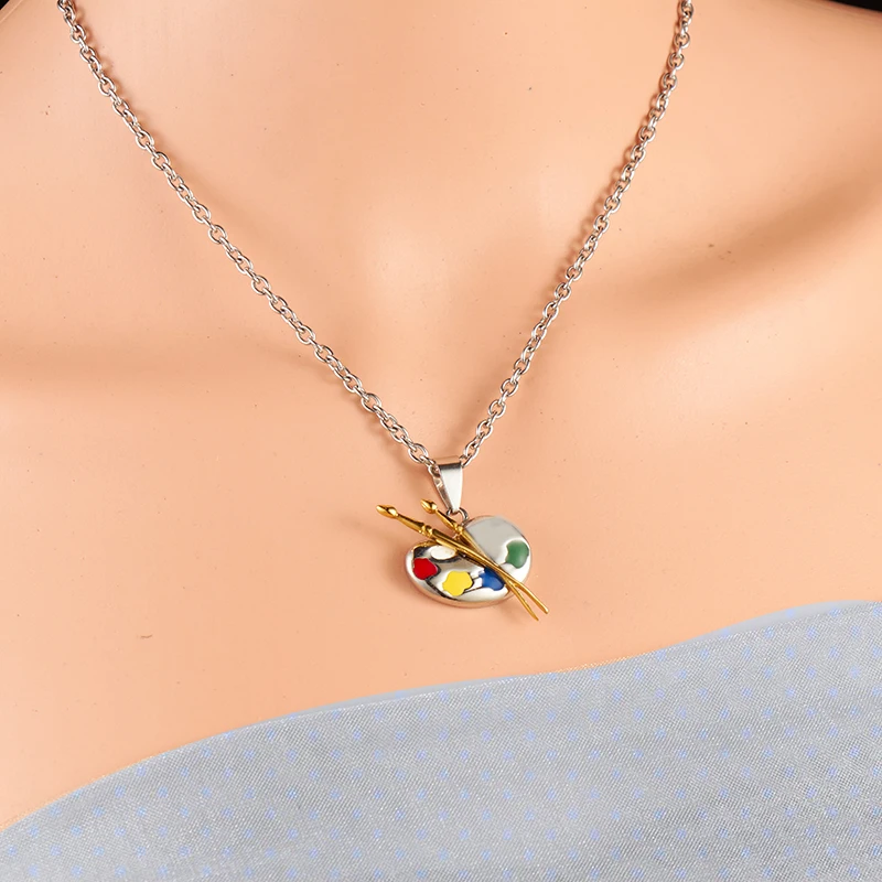 OQEPJ модный мультфильм красочный Рисунок доска ожерелье кулон подвески из нержавеющей стали кулон палитра краски ожерелье s для женщин